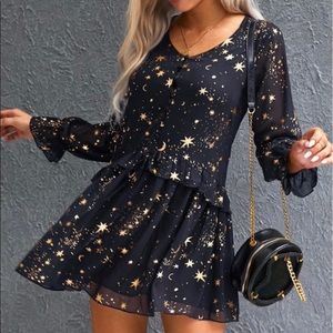 Midnight Sky Black and Gold Chiffon Dress